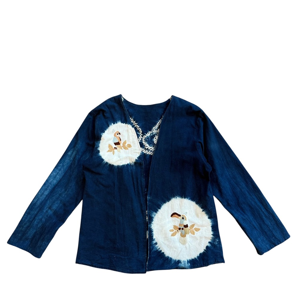 Vintage Indigo Dyed Reversible Jacket Bird‎ Embroidery Tie Dye Blue Boho